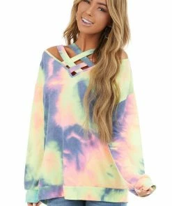 BiBi Multi Color Tie Dye Long Sleeve With Criss Cross Neck Detail Tops