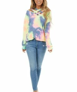 BiBi Multi Color Tie Dye Long Sleeve With Criss Cross Neck Detail Tops