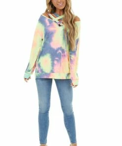 BiBi Multi Color Tie Dye Long Sleeve With Criss Cross Neck Detail Tops