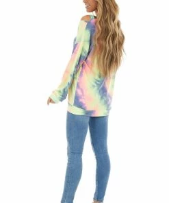 BiBi Multi Color Tie Dye Long Sleeve With Criss Cross Neck Detail Tops