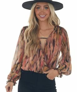 Peach Love Tops Multicolor Abstract Print Bubble Sleeve Blouse