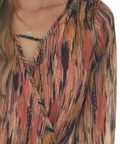Peach Love Tops Multicolor Abstract Print Bubble Sleeve Blouse