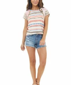 7th Ray Multicolor And Multiprint Short Sleeve Knit Top Tops
