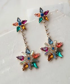 Fame Accessories Multicolor Flower Rhinestone Dangle Earrings