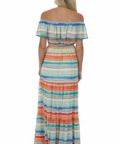 Flying Tomato Multicolor Striped Off Shoulder Tiered Maxi Dress