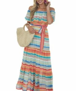 Flying Tomato Multicolor Striped Off Shoulder Tiered Maxi Dress