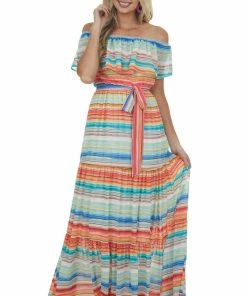 Flying Tomato Multicolor Striped Off Shoulder Tiered Maxi Dress