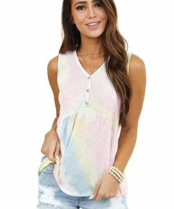 Mittoshop Multicolor Tie Dye Drop Waist Tank Top With Button Details