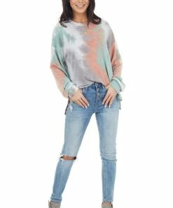 12PM Tops Multicolor Tie Dye Long Sleeve Top With Long Bubble Sleeves