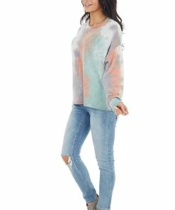12PM Tops Multicolor Tie Dye Long Sleeve Top With Long Bubble Sleeves