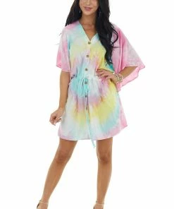 Davi & Dani Dresses Multicolor Tie Dye Short Sleeve Button Dress