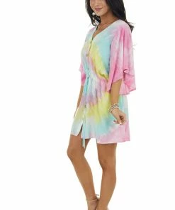 Davi & Dani Dresses Multicolor Tie Dye Short Sleeve Button Dress