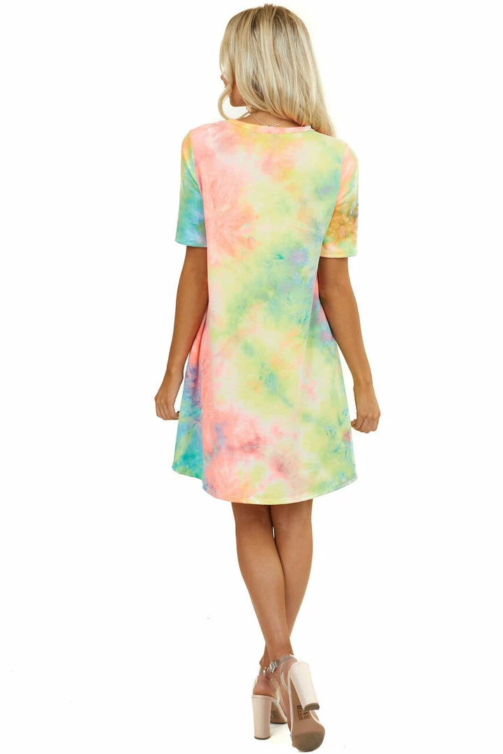 Lime 'N' Chili Multicolor Tie Dye Short Sleeve Dress With Side Pockets 9 Lime 'N' Chili Multicolor Tie Dye Short Sleeve Dress With Side Pockets