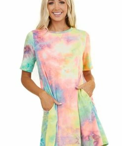 Lime'N' Chili Multicolor Tie Dye Short Sleeve Dress With Side Pockets