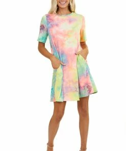 Lime 'N' Chili Multicolor Tie Dye Short Sleeve Dress With Side Pockets 19 Lime 'N' Chili Multicolor Tie Dye Short Sleeve Dress With Side Pockets