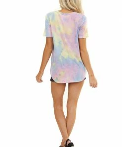 7th Ray Tops Multicolor Tie Dye Short Sleeve Top With Rounded Neckline