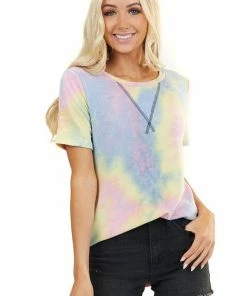 7th Ray Tops Multicolor Tie Dye Short Sleeve Top With Rounded Neckline