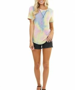 7th Ray Tops Multicolor Tie Dye Short Sleeve Top With Rounded Neckline