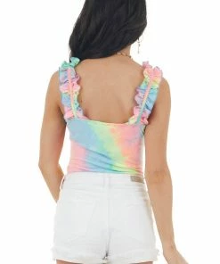 Entro Tops Multicolor Tie Dye Sleeveless Bodysuit With Ruffled Straps