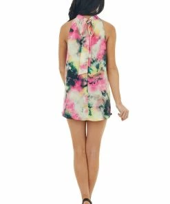 FSL APPAREL Multicolor Watercolor Print Sleeveless Halter Neck Blouse