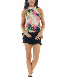 FSL APPAREL Multicolor Watercolor Print Sleeveless Halter Neck Blouse