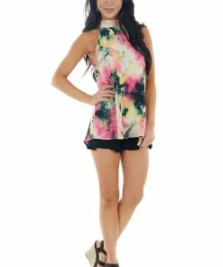 FSL APPAREL Multicolor Watercolor Print Sleeveless Halter Neck Blouse