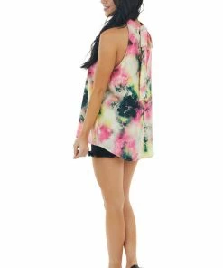 FSL APPAREL Multicolor Watercolor Print Sleeveless Halter Neck Blouse