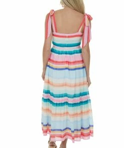 Flying Tomato Dresses Multicolored Striped Sleeveless Tiered Midi Dress