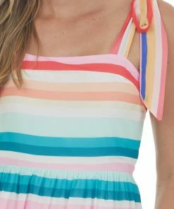 Flying Tomato Dresses Multicolored Striped Sleeveless Tiered Midi Dress