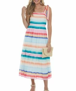 Flying Tomato Dresses Multicolored Striped Sleeveless Tiered Midi Dress