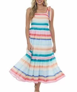 Flying Tomato Dresses Multicolored Striped Sleeveless Tiered Midi Dress