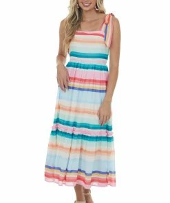 Flying Tomato Dresses Multicolored Striped Sleeveless Tiered Midi Dress