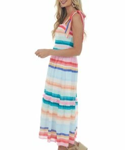 Flying Tomato Dresses Multicolored Striped Sleeveless Tiered Midi Dress