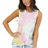 Wanna B Tops Multicolored Tie Dye Sleeveless Knit Top With Front Knot
