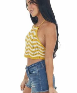 Lush Clothing Mustard And Ivory Chevron Stripe Crochet Top