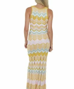 143 Story Dresses Mustard Chevron Pointelle Cut Out Knit Maxi Dress