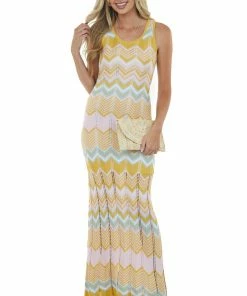 143 Story Dresses Mustard Chevron Pointelle Cut Out Knit Maxi Dress