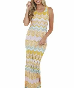 143 Story Dresses Mustard Chevron Pointelle Cut Out Knit Maxi Dress