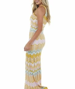 143 Story Dresses Mustard Chevron Pointelle Cut Out Knit Maxi Dress