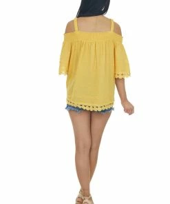 Davi & Dani Mustard Cold Shoulder Lace Trim Swiss Dot Top