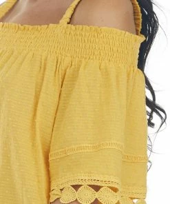 Davi & Dani Mustard Cold Shoulder Lace Trim Swiss Dot Top