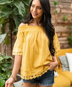 Davi & Dani Mustard Cold Shoulder Lace Trim Swiss Dot Top
