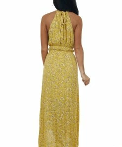 143 Story Mustard Ditsy Floral Halter Neck Maxi Dress Dresses