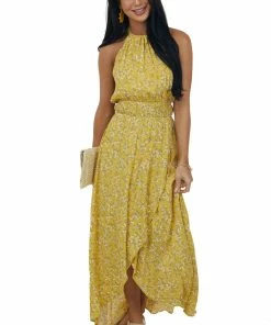143 Story Mustard Ditsy Floral Halter Neck Maxi Dress Dresses