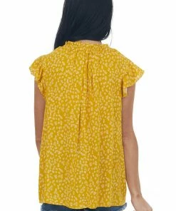 Ces Femme Mustard Ditsy Floral Top With Flutter Sleeves