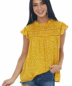 Ces Femme Mustard Ditsy Floral Top With Flutter Sleeves