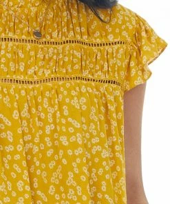 Ces Femme Mustard Ditsy Floral Top With Flutter Sleeves