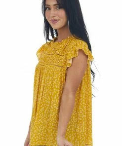 Ces Femme Mustard Ditsy Floral Top With Flutter Sleeves