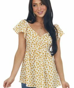Staccato Tops Mustard Floral Print Babydoll Flutter Sleeve Top