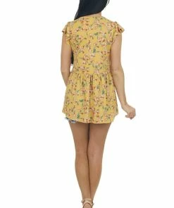 Staccato Mustard Floral Print Ribbed Knit Babydoll Top Tops 12 Staccato Mustard Floral Print Ribbed Knit Babydoll Top Tops